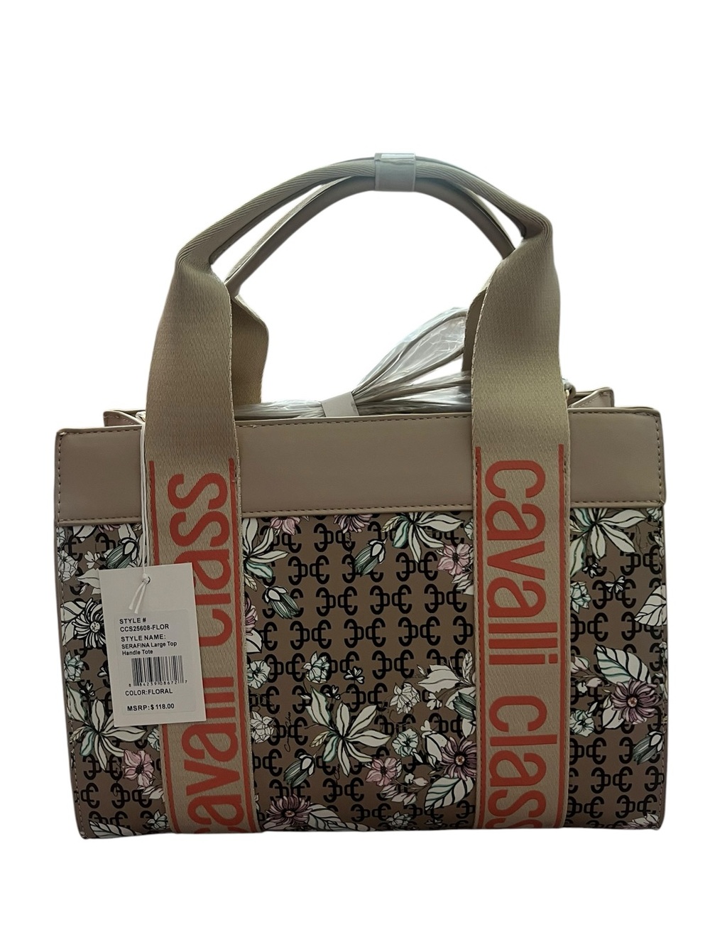 NWT Cavalli Class Serena Floral Logo Tote Bag Beige Cream - Picture 4 of 14